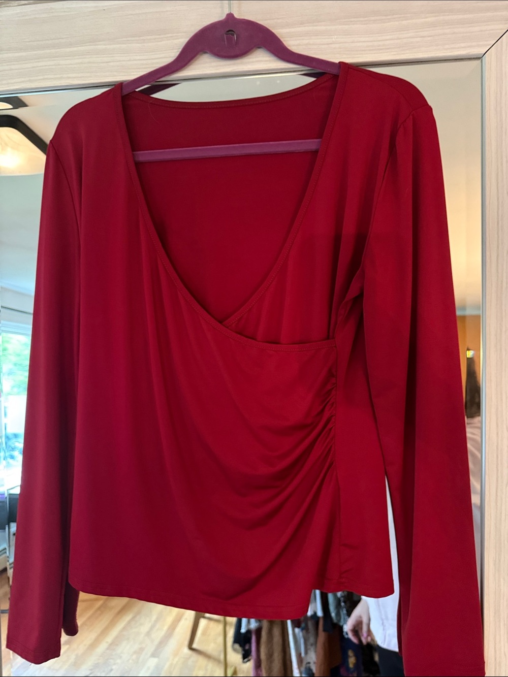 Women's Red Long Sleeve V-Neck Draped Tee